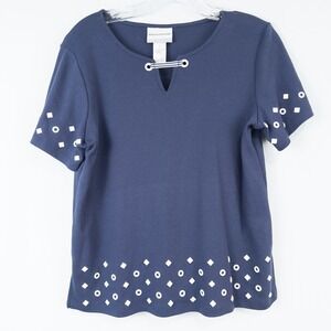Alfred Dunner Grommet Studded Short Sleeve Top Petite Small Navy Blue Nautical